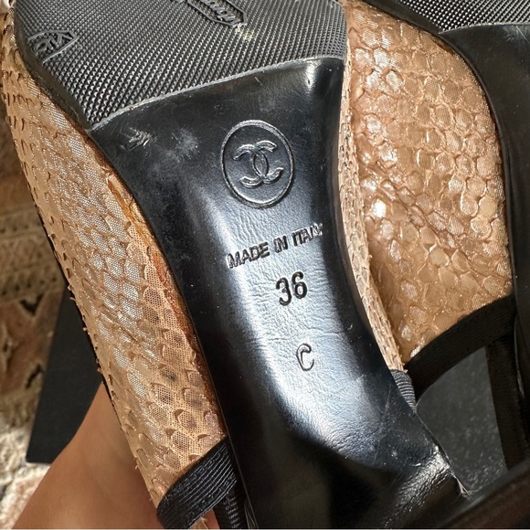 CHANEL Canvas & Python Leather Bow AUTHENTIC Slingback Pumps Black Beige Sz. 36 - Picture 13 of 16